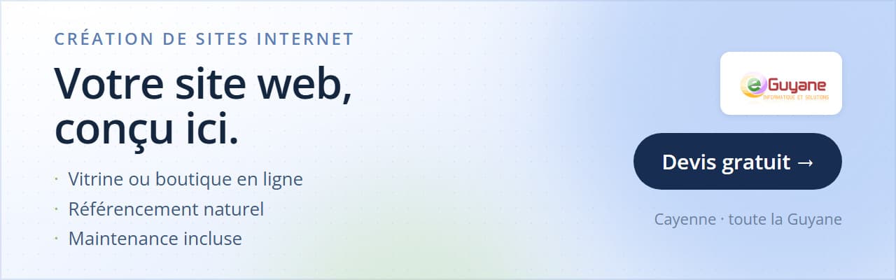 e-Guyane — site vitrine ou boutique en ligne, référencement, maintenance incluse.
