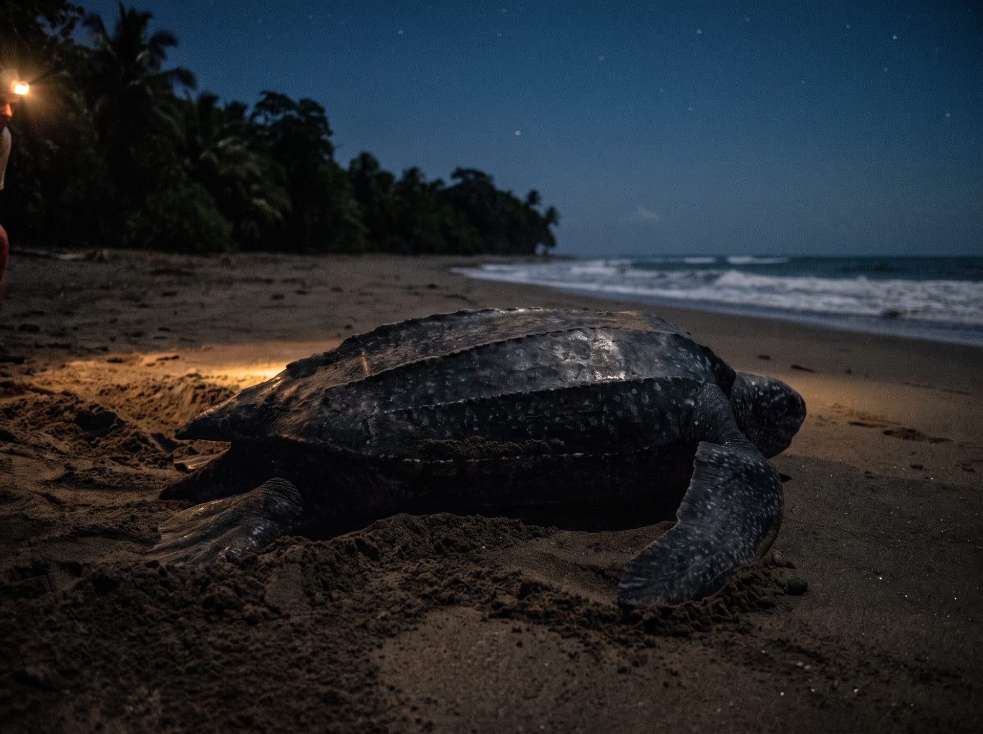 Une tortue luth pond de nuit sur une plage de Guyane