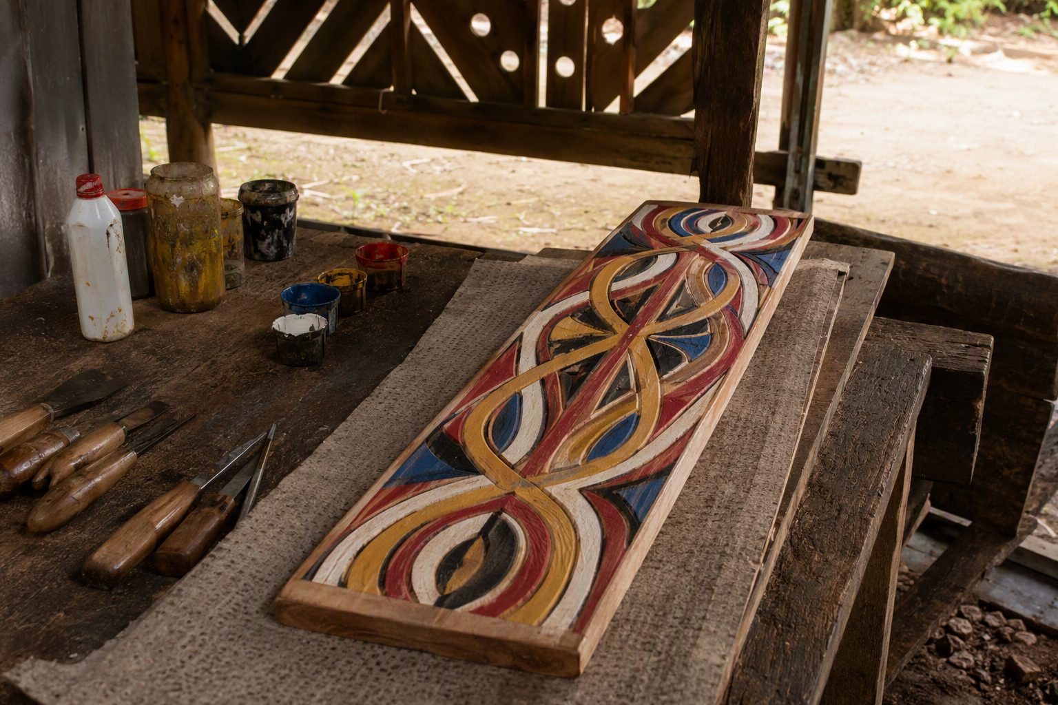 Planche de bois sculptée et peinte de motifs tembé, outils de sculpteur posés à côté